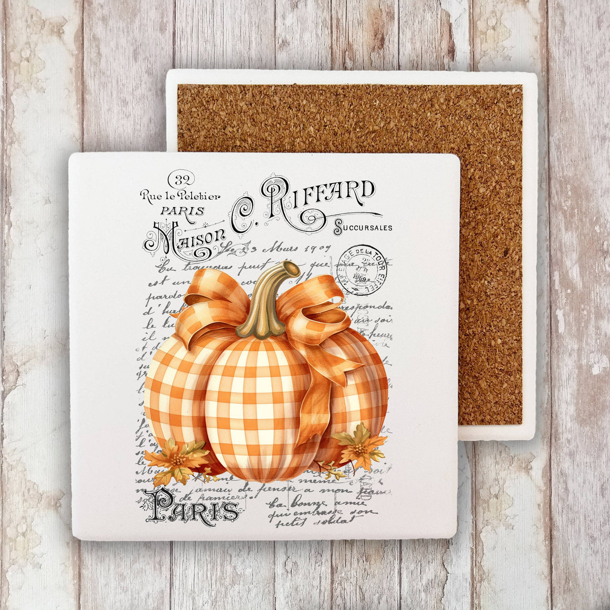Fall Autumn French Checkered Pumpkins Stone Coaster