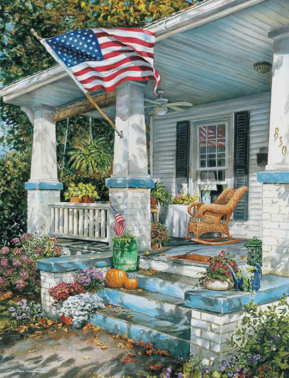 American Way Puzzle depicting a colorful porch painting with an American flag, wicker rocking chair, pumpkins, and flowers.
