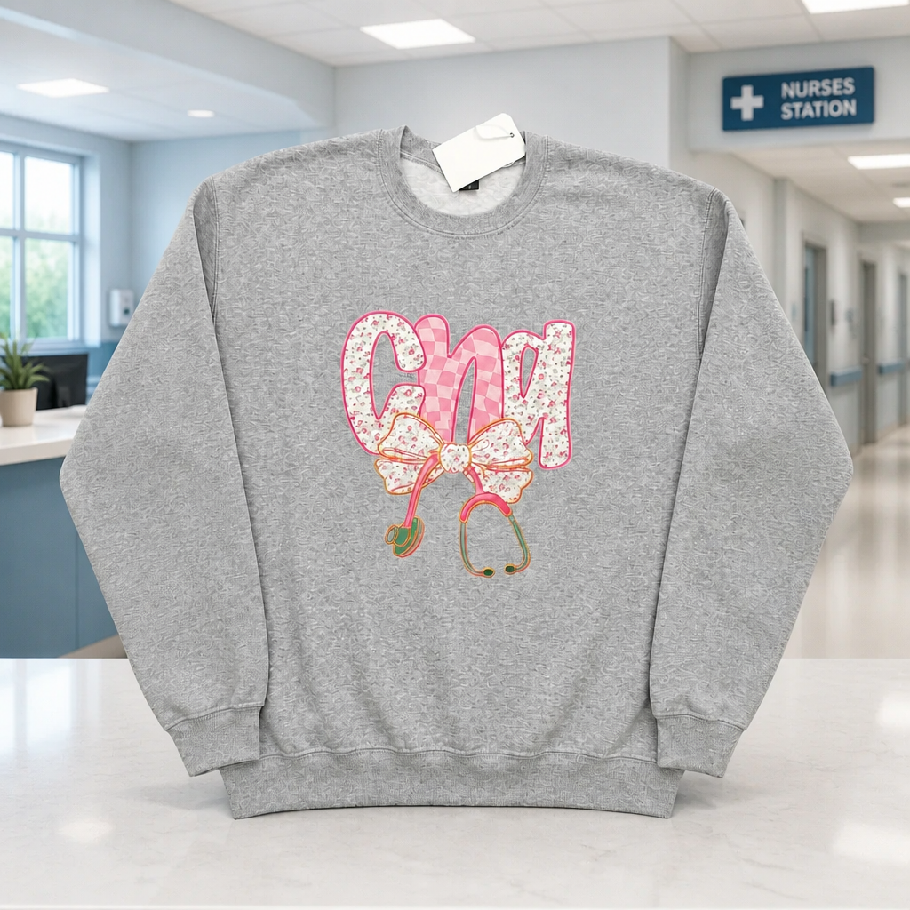 CNA Crewneck Sweatshirt in heather gray cotton-blend fleece, with pink patterned “CNA” lettering and a colorful stethoscope graphic.