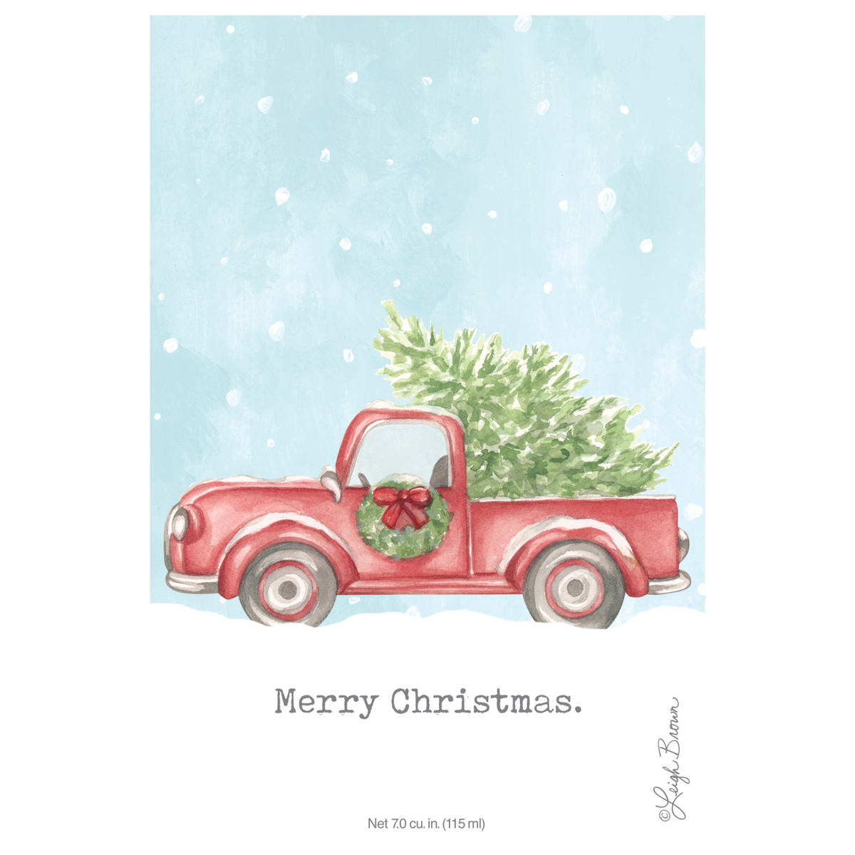 Holiday fragrance sachet with a watercolor red pickup carrying a green Christmas tree, wreath, and “Merry Christmas” lettering; Fresh Scents.