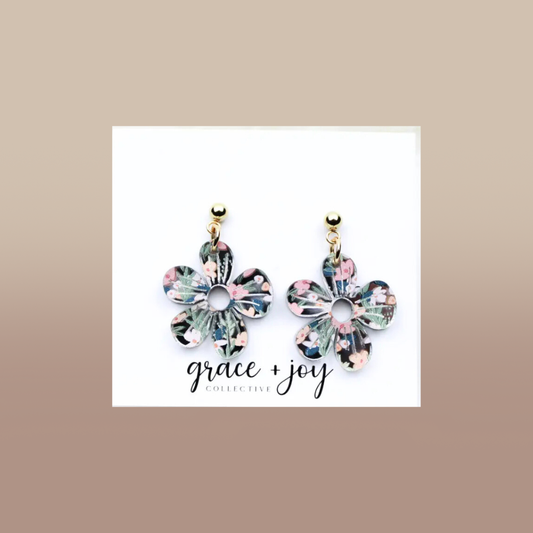 Spring Floral Earrings with colorful scattered floral-print acrylic flower petals and gold-tone stud findings, lightweight style
