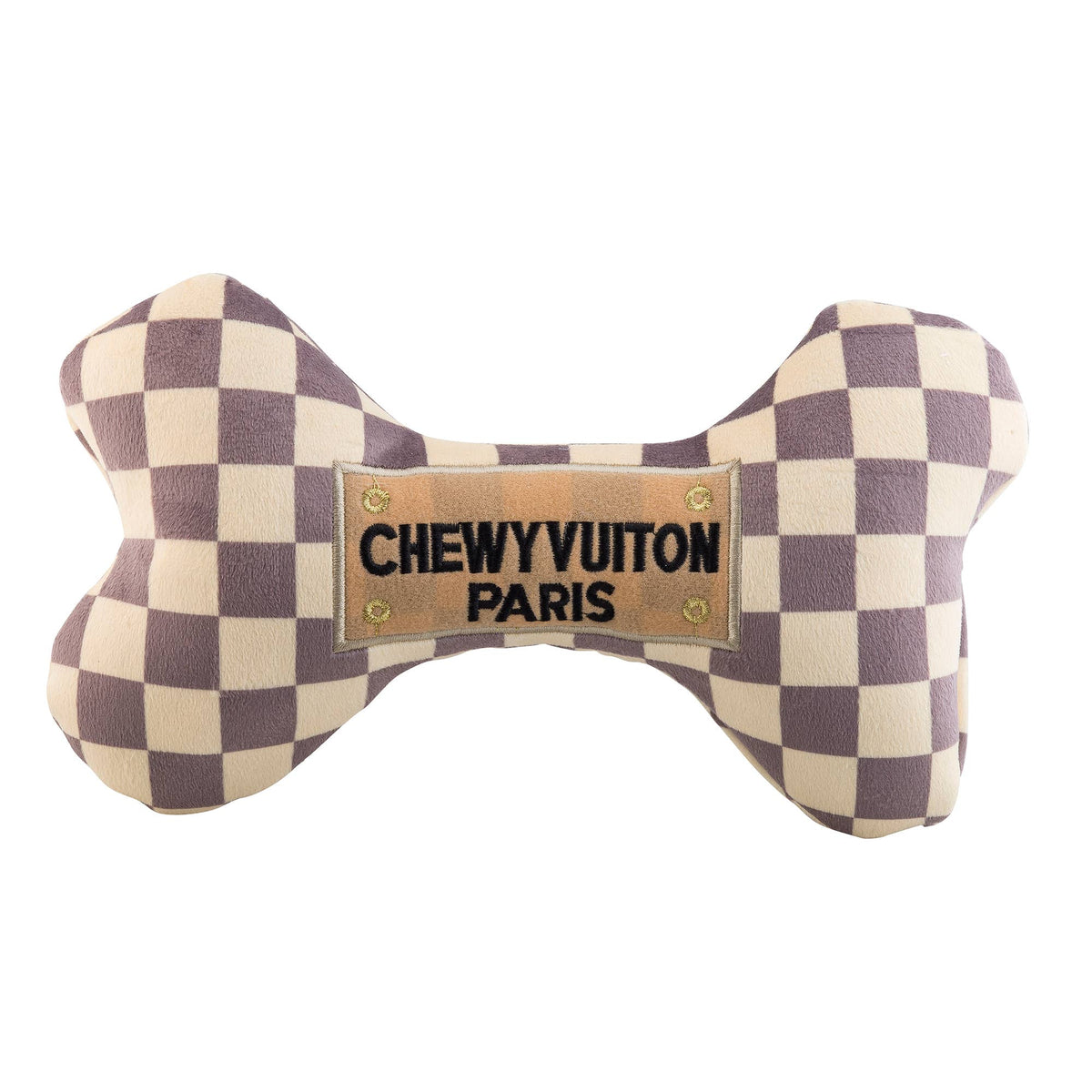 Tan Checker Chewy Vuiton Bones | Plush Squeaker Dog Toy