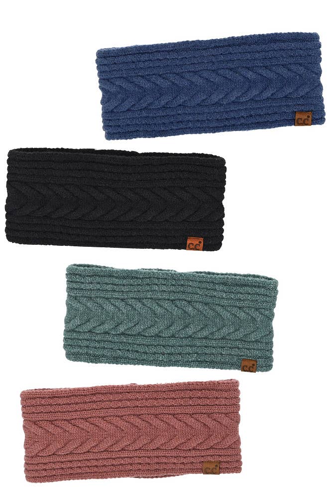 Knit headband in blue, black, sage green, and dusty rose with a raised cable pattern; C.C Cable Knit Lining style.