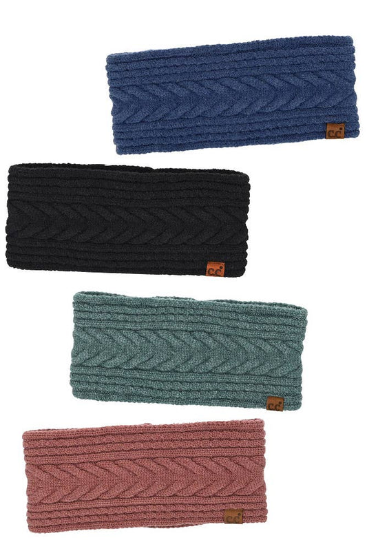 Knit headband in blue, black, sage green, and dusty rose with a raised cable pattern; C.C Cable Knit Lining style.