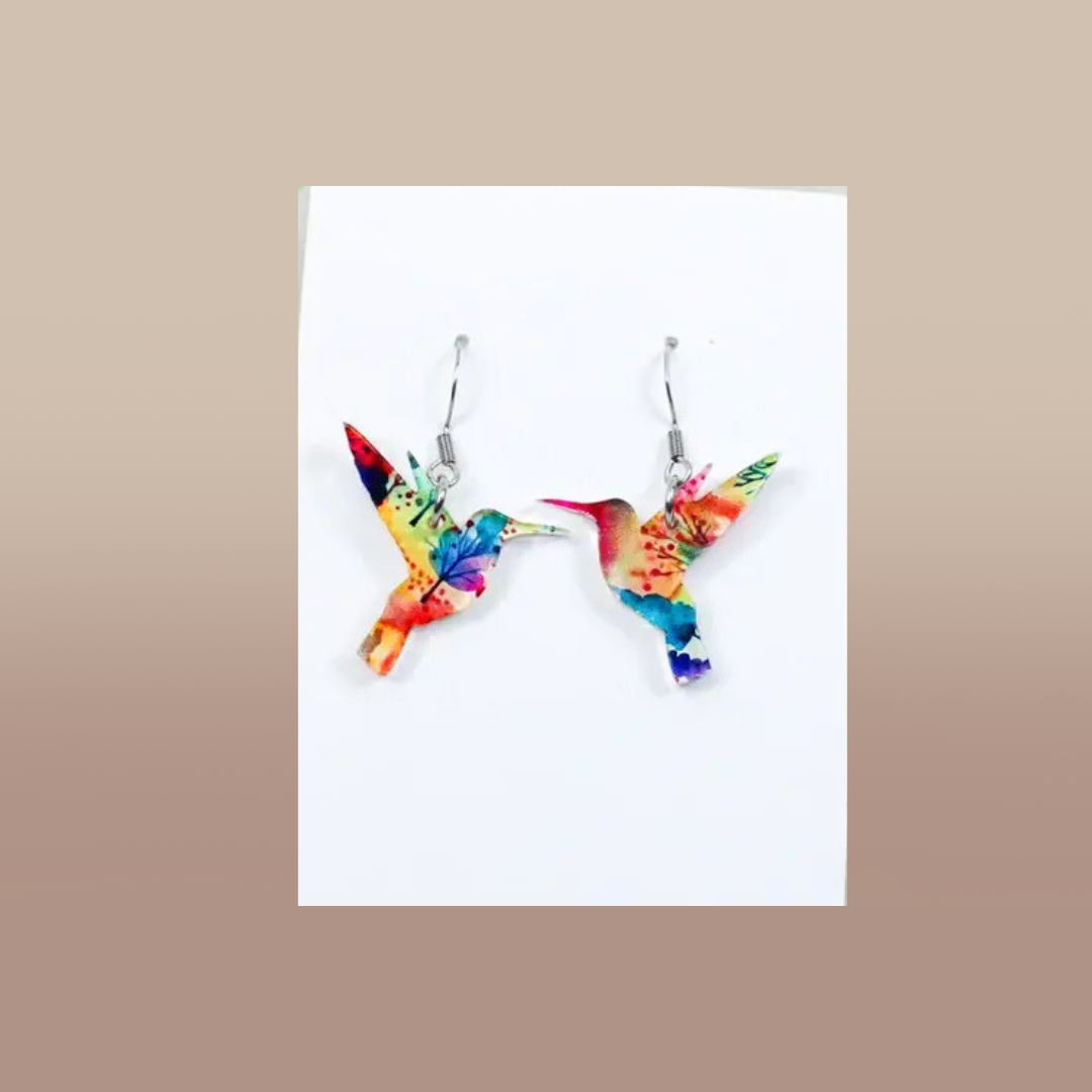 Watercolor Floral Hummingbird Dangle Earrings, Acrylic