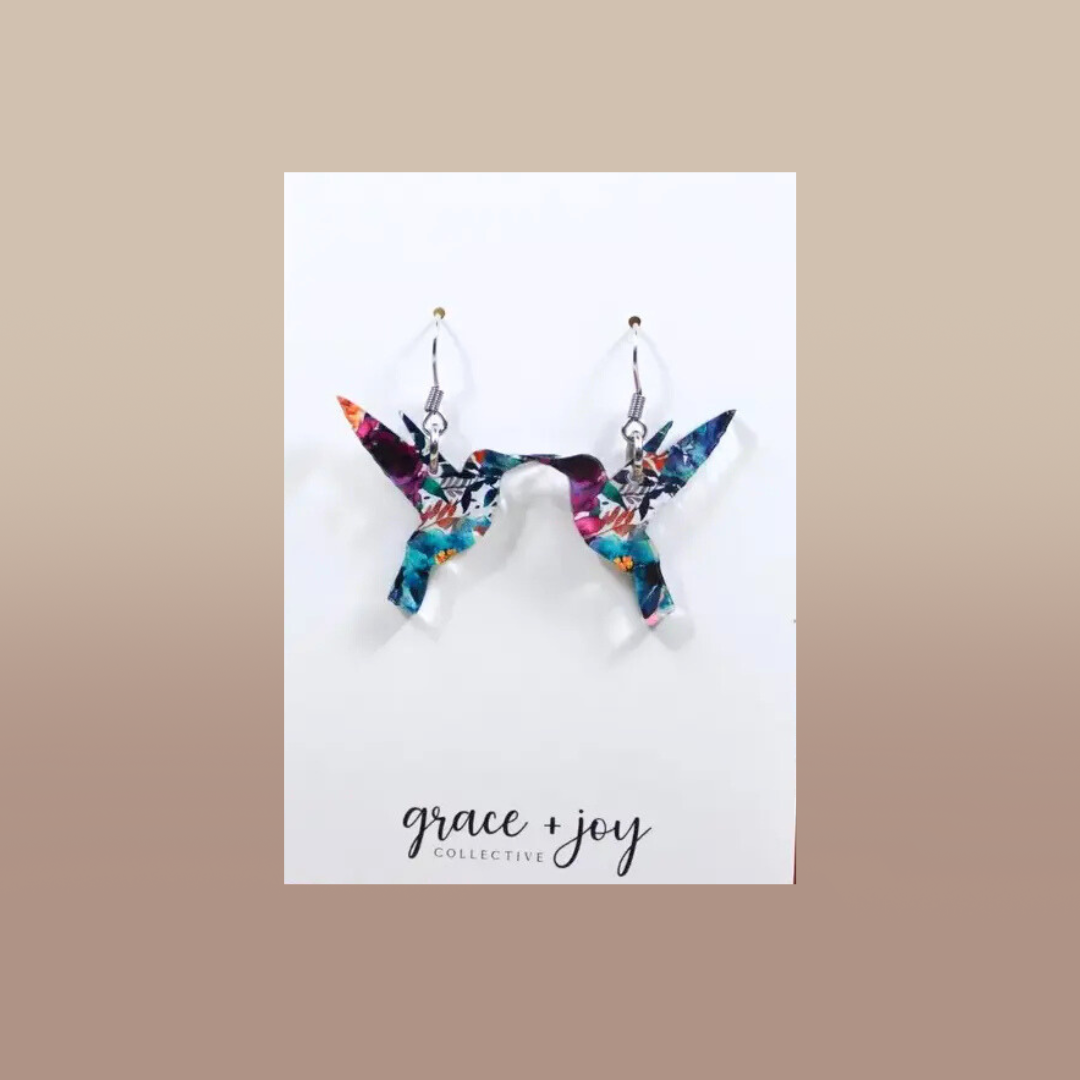 Watercolor Floral Hummingbird Dangle Earrings in colorful printed acrylic, featuring hummingbird-shaped charms and silver-tone hooks.