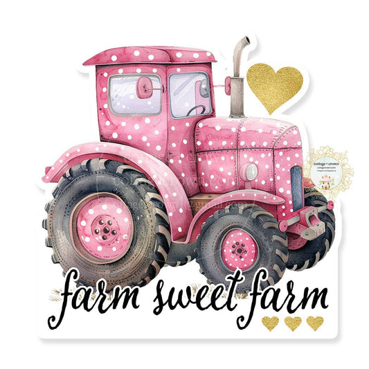 Farm Sweet Farm tractor vinyl sticker in pink with white polka dots, black tires, gold heart, and script lettering.