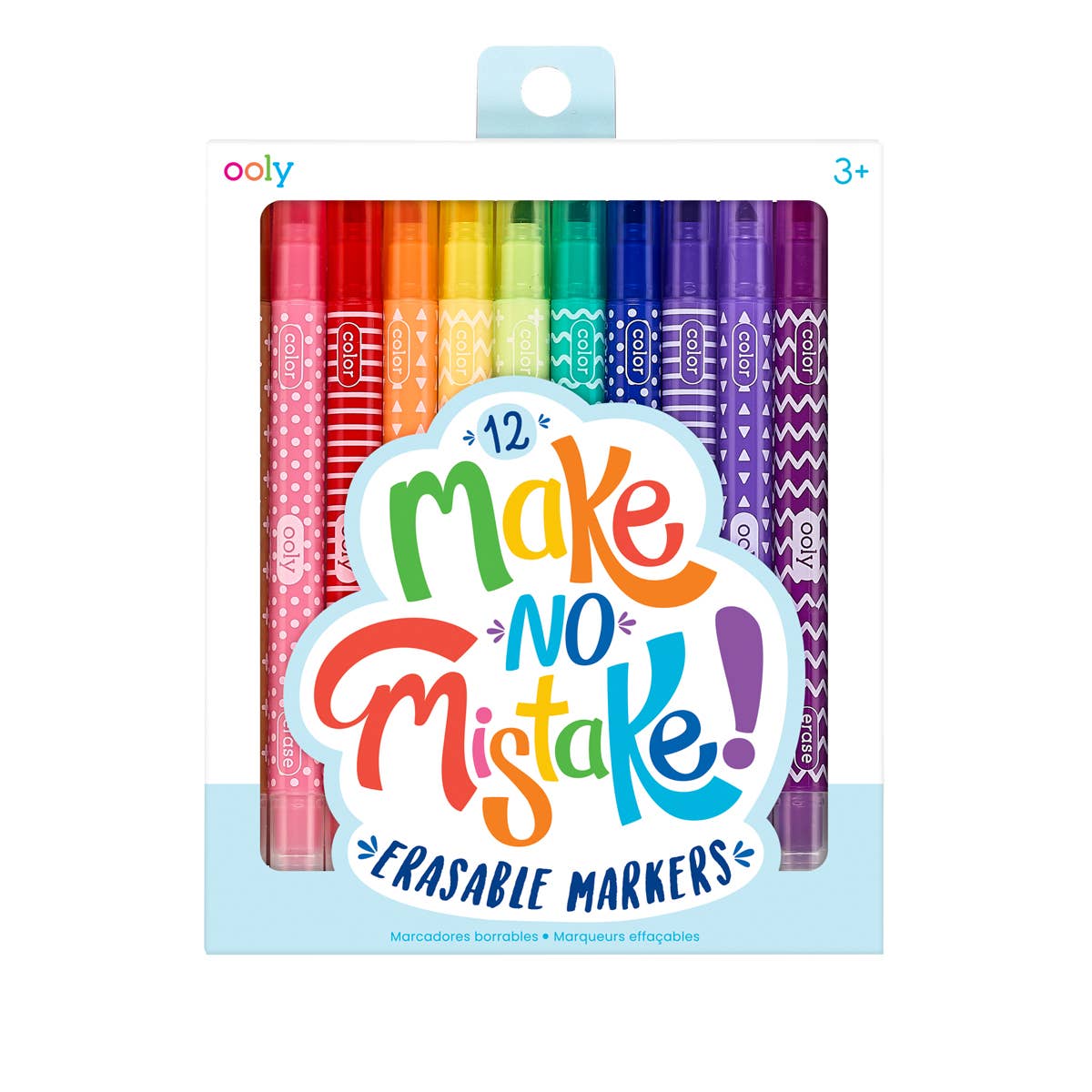 Erasable marker set with 12 colorful double-sided markers in rainbow hues, patterned barrels and playful packaging; Make No Mistake!