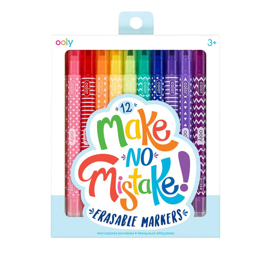 Erasable marker set with 12 colorful double-sided markers in rainbow hues, patterned barrels and playful packaging; Make No Mistake!