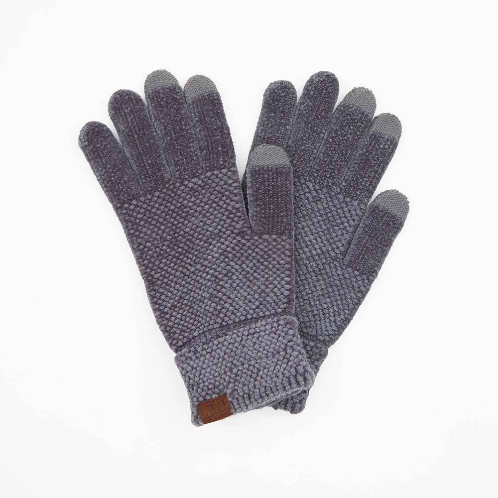 C.C Eco Friendly chenille gloves in charcoal gray with a textured knit pattern, ribbed cuffs, and touchscreen fingertips.