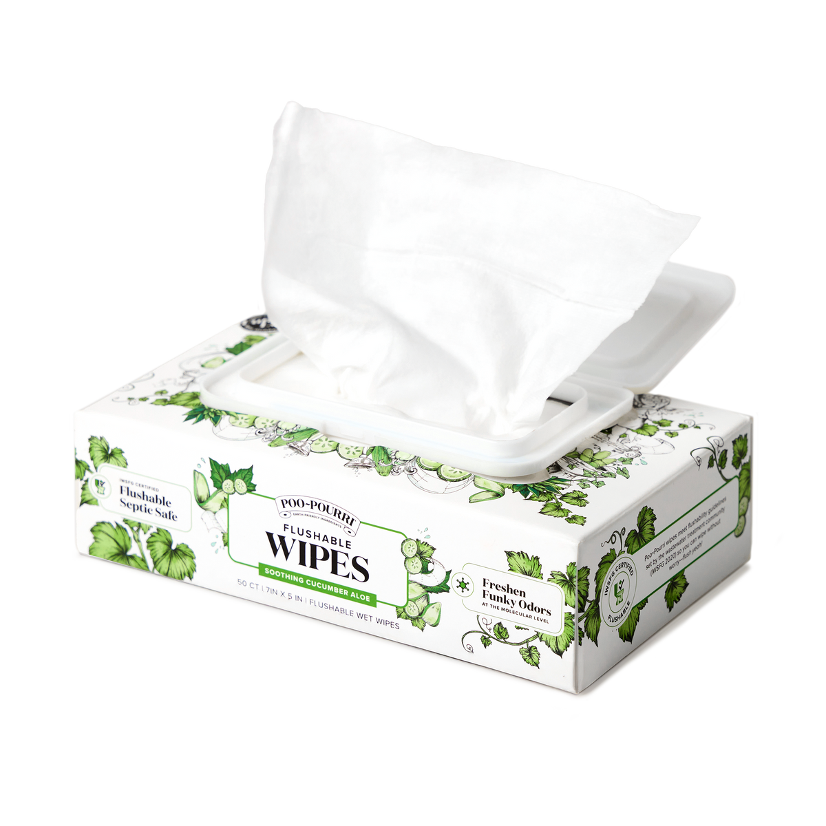 Poo~Pouri Cucumber & Aloe flushable wipes in a resealable white box with green cucumber and aloe leaf graphics.