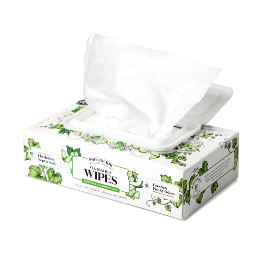 Poo~Pouri Cucumber & Aloe flushable wipes in a resealable white box with green cucumber and aloe leaf graphics.