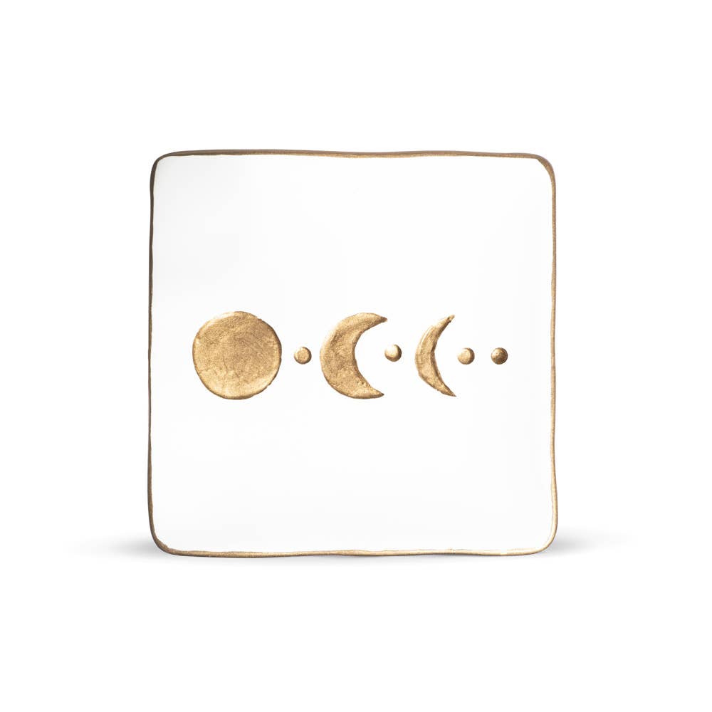 Lunar Ceramic Soap Dish in white ceramic, with a gold-trimmed square shape and gold moon phase pattern.