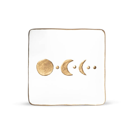 Lunar Ceramic Soap Dish in white ceramic, with a gold-trimmed square shape and gold moon phase pattern.