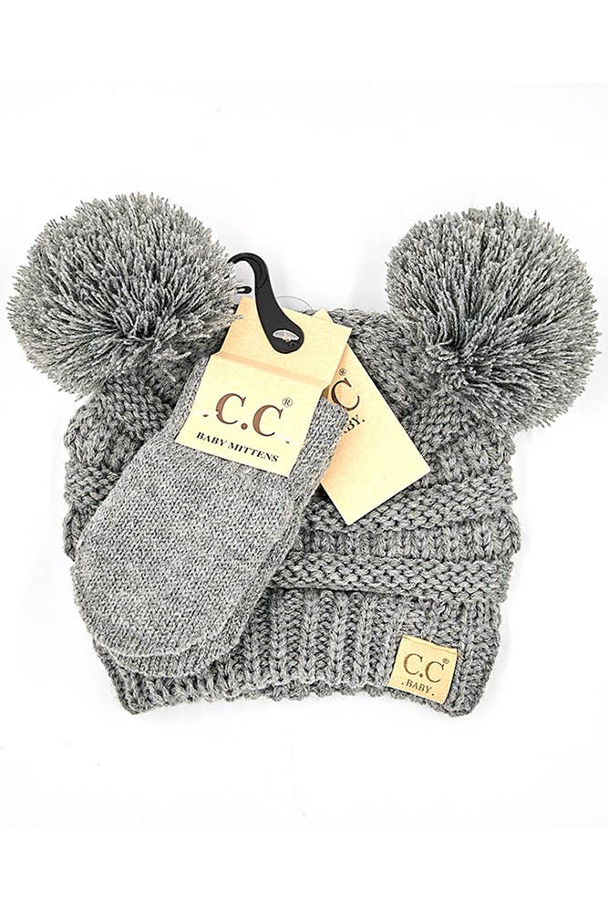 Baby beanie and mitten set, C.C Baby Solid Ribbed gray knit with ribbed texture and oversized double pom-poms.