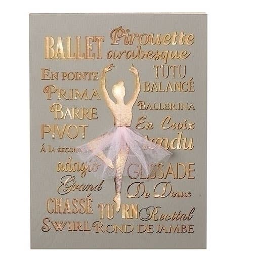 7.75"H LED Plaque in pale gray wood, laser-cut with gold ballet words and a raised ballerina in a pink tutu.