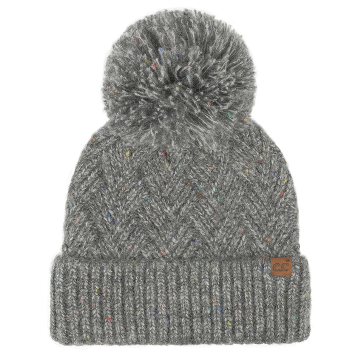 Beanie hat in speckled grey yarn with a C.C Criss-Cross Pattern, ribbed cuff, fluffy pom-pom and logo patch.