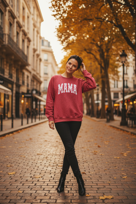 Mama Sweatshirt in heathered red with white collegiate-style lettering, long sleeves and a ribbed crew neck
