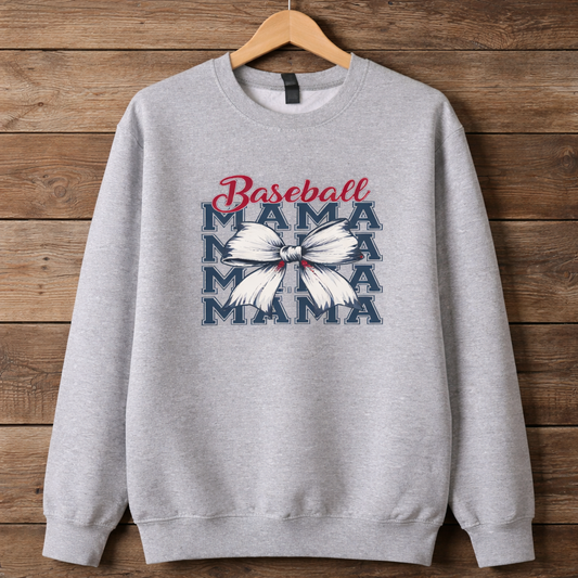 Baseball Mama sweatshirt in heather gray with red script and navy block lettering, accented by a white bow.