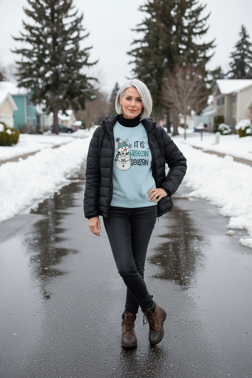 Freezin' Season Sweatshirt, light blue with a snowman and winter lettering, worn under a black jacket.