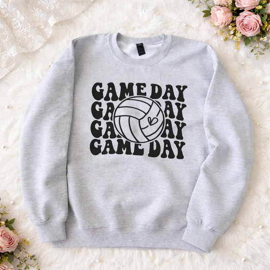 Gameday Sweatshirt in heather gray fleece with bold black retro lettering and a volleyball design featuring a small heart.
