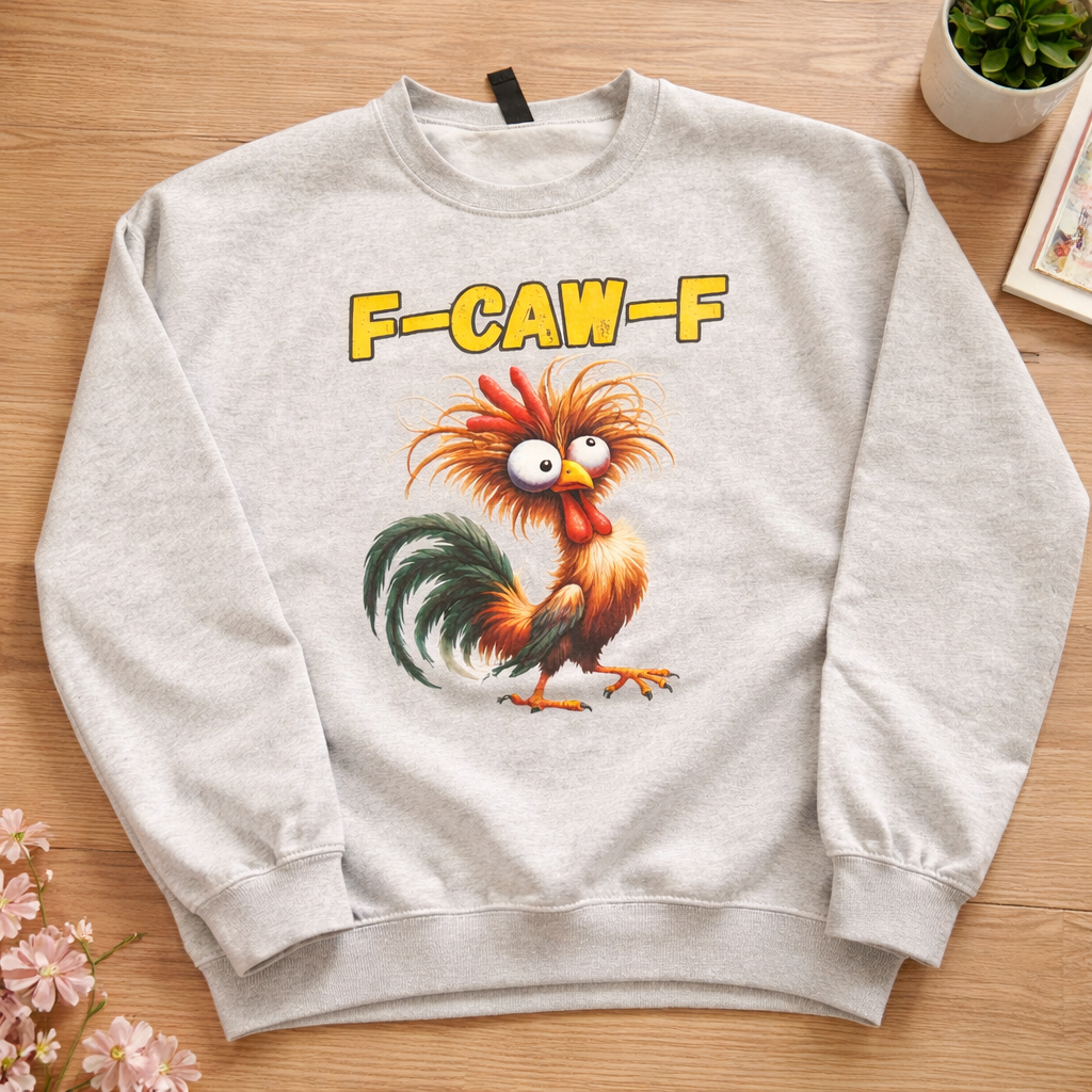 F-Caw-F Sweatshirt in light gray cotton-blend fleece, with bold yellow lettering and a colorful, wild-haired cartoon rooster graphic.