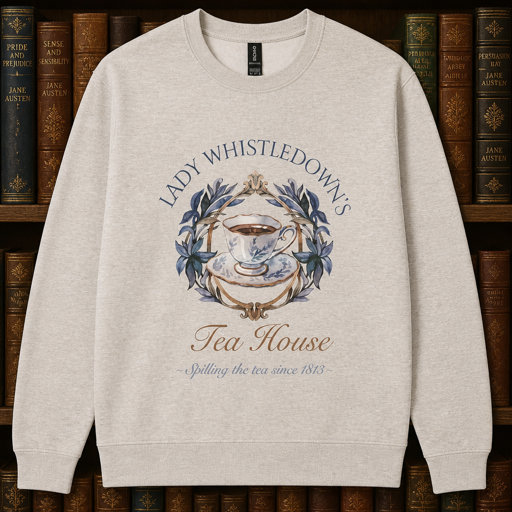 Mrs. Whistledown"s Tea House sweatshirt in heather oatmeal, with a vintage teacup, blue botanical wreath, and script lettering.