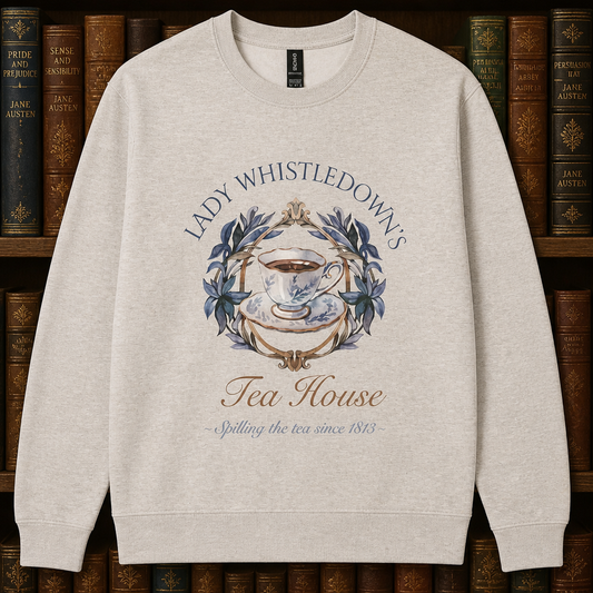 Mrs. Whistledown"s Tea House sweatshirt in heather oatmeal, with a vintage teacup, blue botanical wreath, and script lettering.