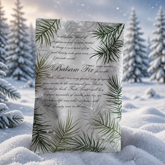 Fresh Scents balsam fir sachet with a white and gray botanical design, green fir needle illustrations, and cursive text.