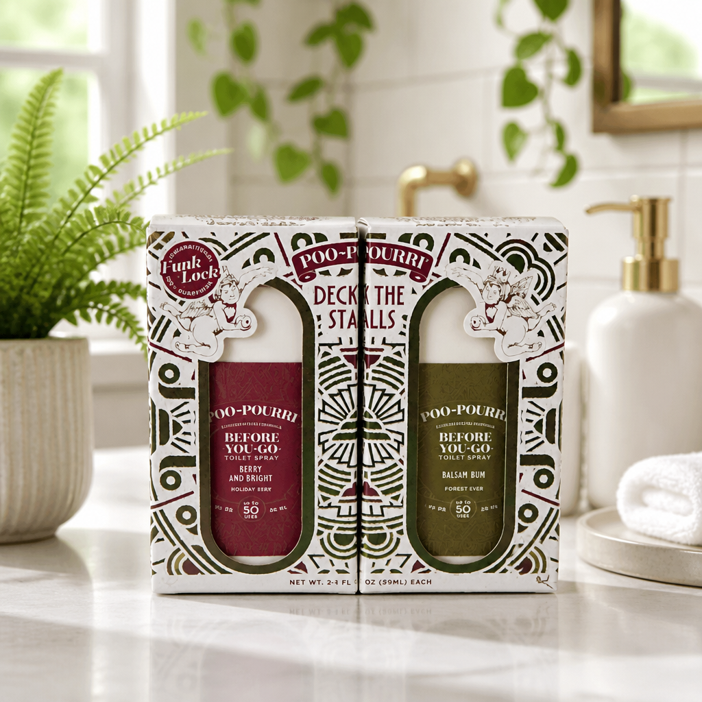 Holiday ~Pourri Deck The Stalls gift set with two pocket sprays in a cream box, burgundy and olive labels with festive patterns