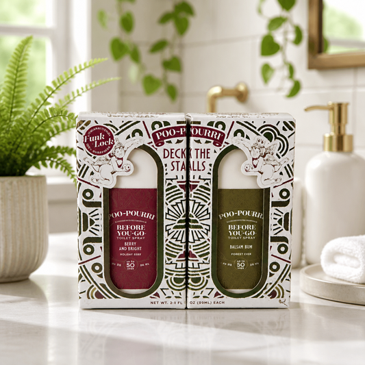 Holiday ~Pourri Deck The Stalls gift set with two pocket sprays in a cream box, burgundy and olive labels with festive patterns