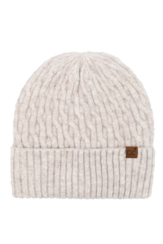 C.C Chain Link cuff beanie in light beige cable-knit fabric, with a wide ribbed foldover cuff and small logo patch.