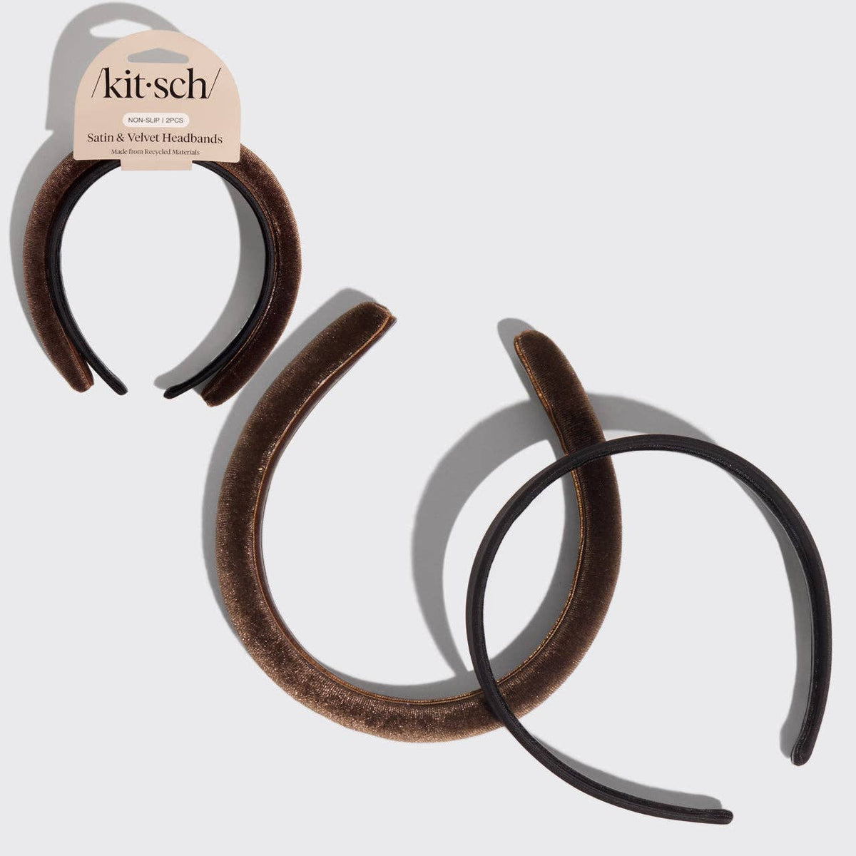 Recycled Fabric Satin headband set with two slim bands in black and chocolate brown, one smooth and one plush velvet.