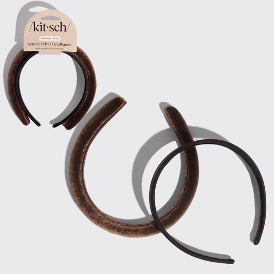 Recycled Fabric Satin headband set with two slim bands in black and chocolate brown, one smooth and one plush velvet.