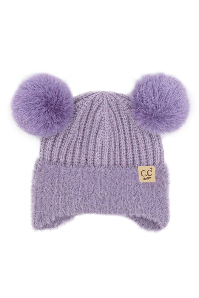 C.C Baby Fur baby beanie in lilac ribbed knit with fluffy twin pom-poms, fuzzy earflap band and small logo patch.