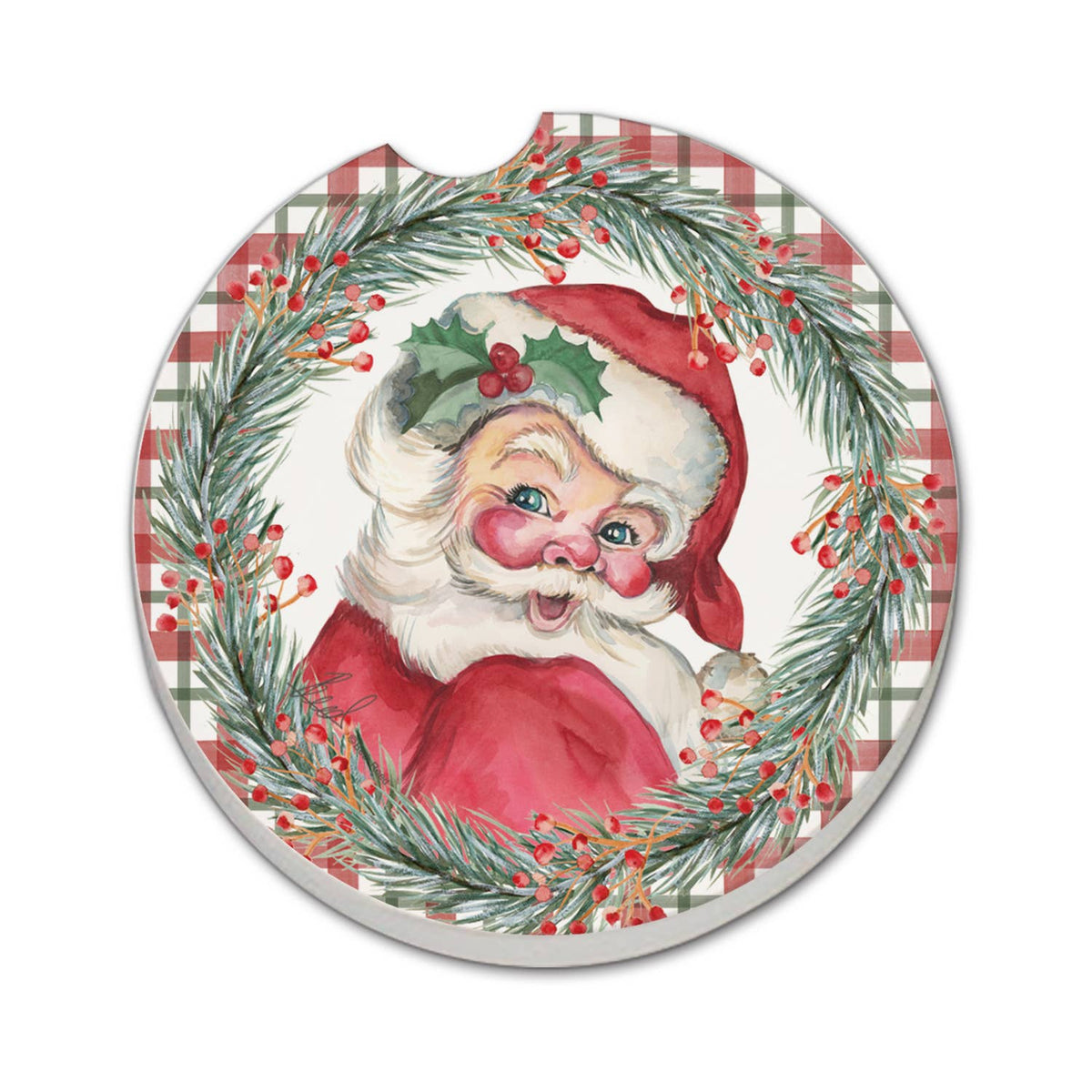 Car coaster, “Vintage Santa” Absorbent Stone, featuring a red-and-white Santa portrait, evergreen sprigs, berries, and plaid edging.