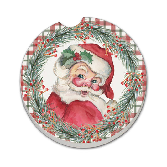 Car coaster, “Vintage Santa” Absorbent Stone, featuring a red-and-white Santa portrait, evergreen sprigs, berries, and plaid edging.