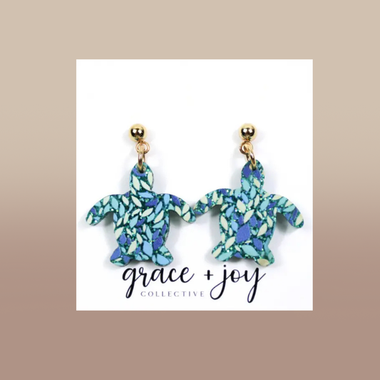 Glitter Turtle Dangle Earrings in turquoise, blue, and green patterned acrylic, with gold-tone stud posts and turtle-shaped charms.