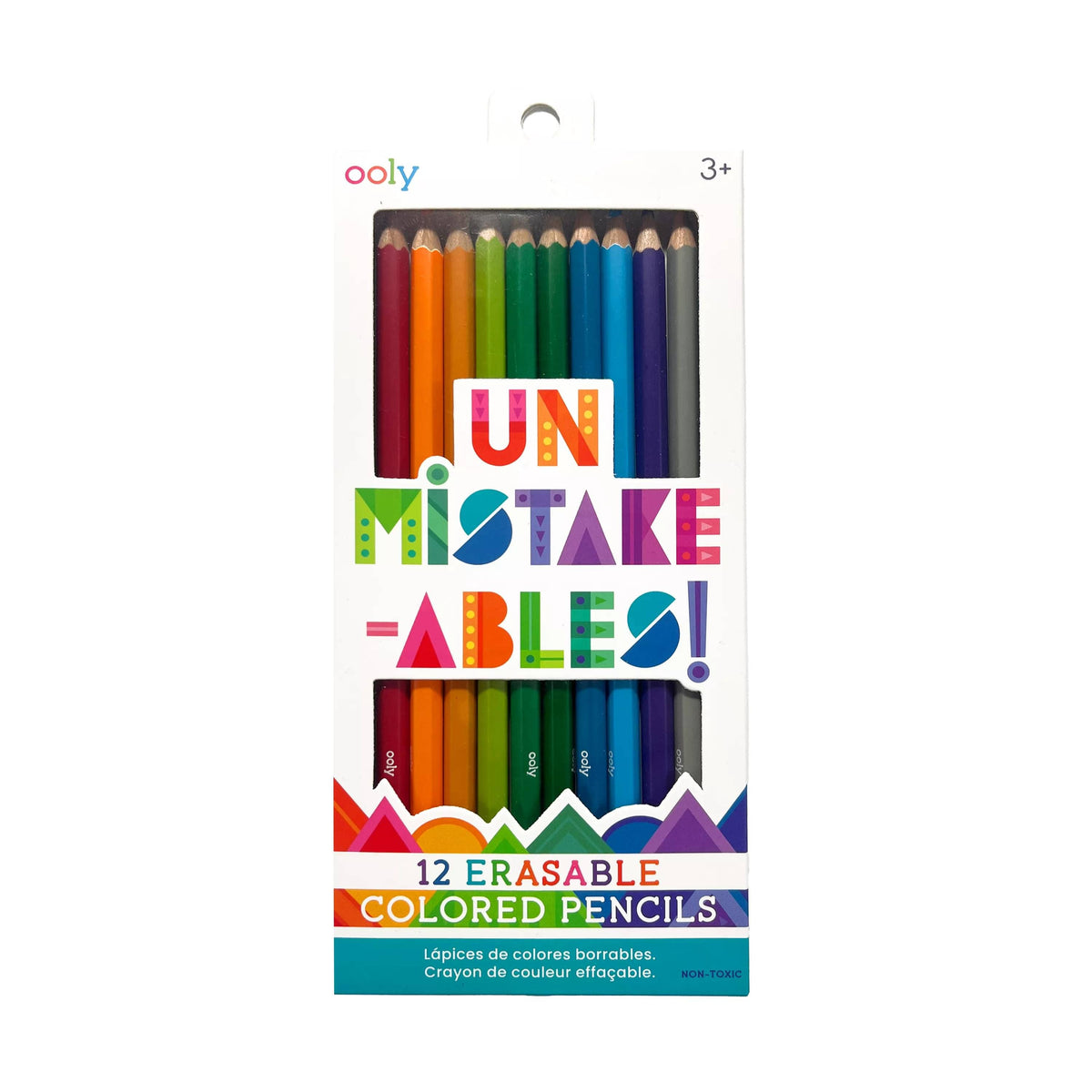 Un-Mistake-Ables! Erasable Colored Pencils, set of 12 sharpened pencils in assorted rainbow colors with erasers on each.