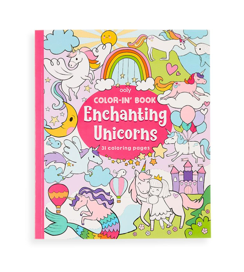 Color-in' Book with a bright illustrated cover, featuring pastel unicorns, rainbows, clouds, stars and a pink spine.